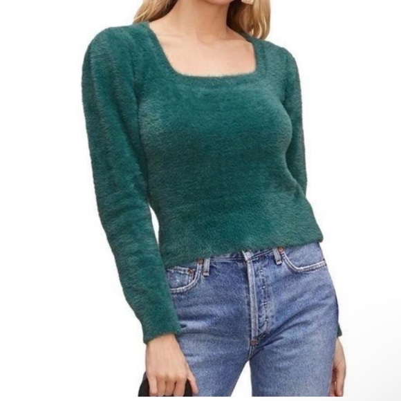 ASTR The Label Fuzzy Square Neck Slightly Cropped Puff Sleeve Knit Sweater - Picture 1 of 16